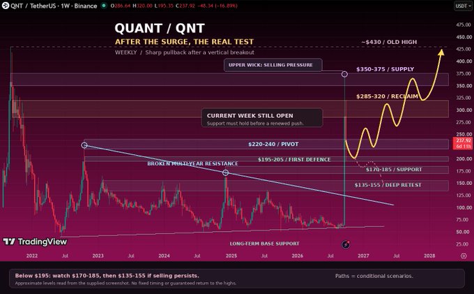 The image is a TradingView weekly chart for QNT/USDT (TetherUS) on Binance, showing a long-term bullish projection titled "QUANT / QNT - AFTER THE SURGE, THE REAL TEST," which illustrates the post's analysis by highlighting key levels: $220-240 as the immediate pivot, $195-205 as first defense support, $285-320 reclaim zone, $350-375 supply, and a $430 old high target, with a projected path arrow showing price action holding support before a renewed push upward.