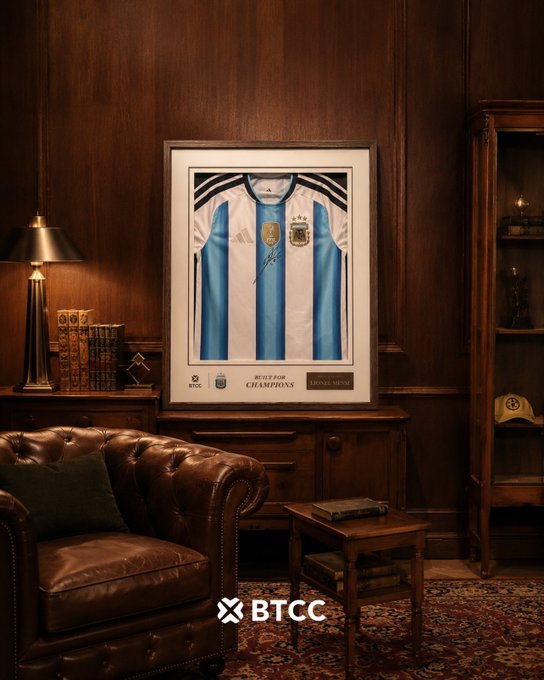 A framed Argentina national team jersey signed and labeled "BUILT FOR CHAMPIONS" hangs above a leather chesterfield in a wood-paneled study, with the BTCC logo displayed below. The display promotes BTCC's World Cup 2026 giveaway partnership, as indicated by the post's hashtags #BTCC15 #BTCCxAFA #WorldCup2026.