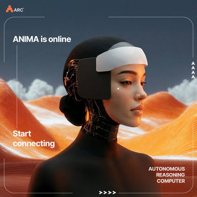 The image is a futuristic promotional graphic for ARC's "ANIMA" system, featuring a side-profile of a woman wearing a sleek white VR-style headset against an orange desert landscape, with text reading "ANIMA is online," "Start connecting," and "AUTONOMOUS REASONING COMPUTER." It visually reinforces the post's announcement of ANIMA as an autonomous AI tool designed to streamline fragmented workflows like managing multiple browser tabs.