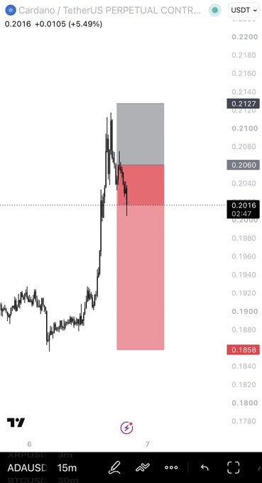 Cardano ($ADA) perpetual futures chart on TradingView showing price action at $0.2016 (+5.49%), with a long position marked by a gray take-profit zone around $0.2060-$0.2127 and a pink stop-loss area near $0.1858, illustrating the trader's question about whether price will hit full take-profit or revisit the entry zone first.