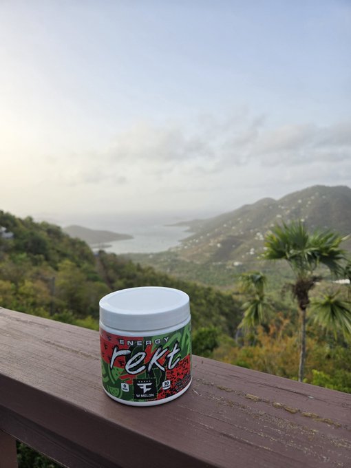 A container labeled "Energy Fekt" sits on a wooden railing overlooking a scenic coastal view with mountains, ocean, and palm trees, visually echoing the "$Rekt World Domination in progress" message with its prominent branding in a dramatic, conquered-looking landscape setting.