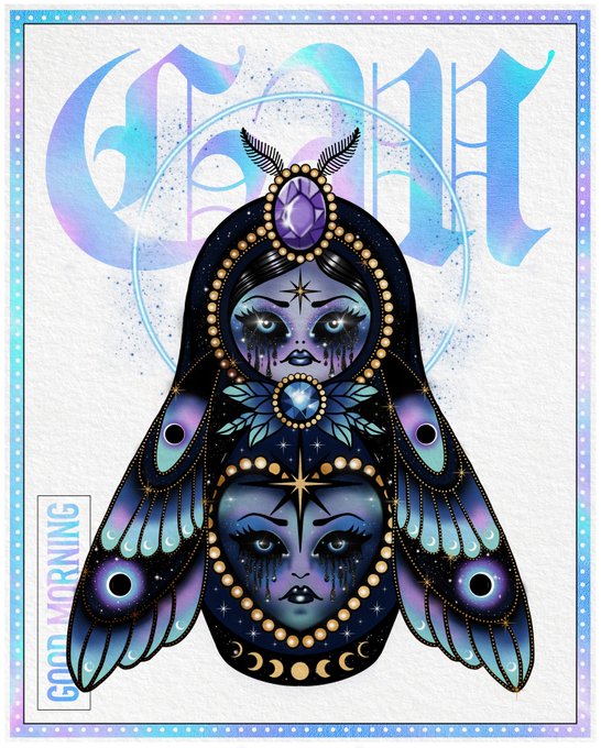 A mystical tarot-style illustration featuring two faces with stars for eyes, peacock feathers, and crescent moons, with "GOOD MORNING" text in the corner.