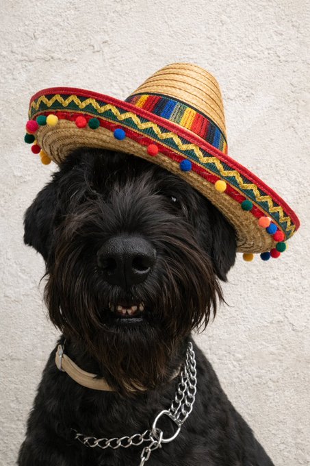 A black fluffy dog wearing a colorful sombrero with a rainbow band and pom-pom trim, posed against a light textured wall.