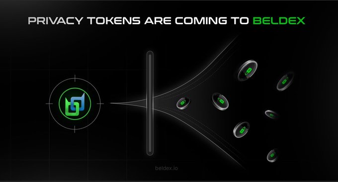 Promotional graphic titled 'PRIVACY TOKENS ARE COMING TO BELDEX' featuring the Beldex logo and coins passing through a funnel design, with beldex.io displayed at the bottom.