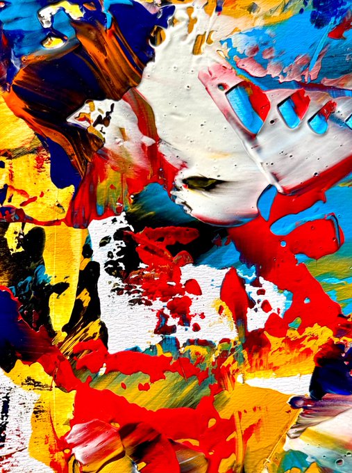 An abstract painting featuring thick, impasto brushstrokes in vibrant primary colors of red, blue, and yellow against a white background.