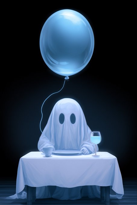 A translucent ghost sits at a white‑cloth‑covered table with a plate and a glowing blue balloon floating above, while a wine glass rests nearby. The scene hints at the upcoming GHOSTPIPE dining club NFT NYC event.