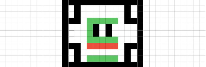 A pixel art design showing a green character with a red mouth inside a black and white bordered square.