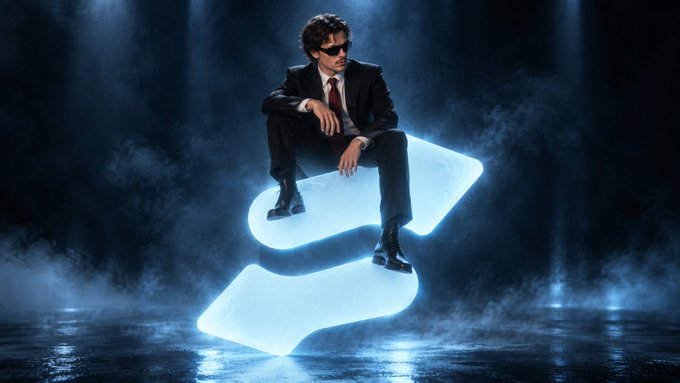 A man in a black suit and red tie wearing dark sunglasses sits casually atop glowing blue illuminated "stones" amid atmospheric smoke and dramatic lighting, evoking a sense of confident triumph.

The image of a suited figure perched on elevated, glowing "stones" visually reinforces the post's reference to the ticker $STONK by depicting someone "sitting on stones" in a pose of relaxed victory after a 220x rally to a 350M all-time high.