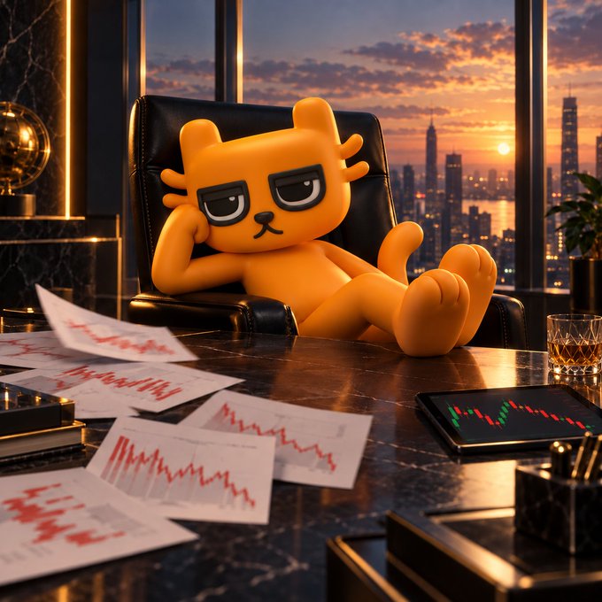 A smug orange cat lounges in a leather office chair, propped up with one hand against his cheek, surrounded by scattered financial charts showing declining red trend lines and a tablet displaying bearish candlesticks, with a sunset cityscape behind him. The image perfectly captures the post's message—$BILLY has surveyed the losing market and decided the whole downturn is simply beneath his attention, dismissing the red charts as unworthy of his concern.