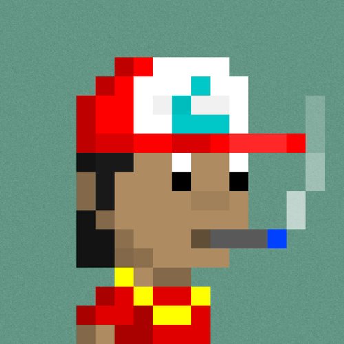 A pixel-art character in red and white clothing smoking a cigarette against a solid green background.