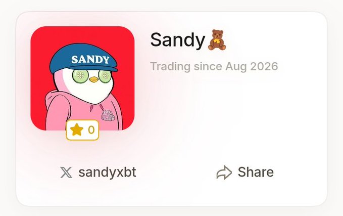 The image shows a profile card for "Sandy 🧸" (username sandy_xbt), who has been trading since August 2026 with 0 reputation stars. The card features a cartoon penguin mascot wearing a pink hoodie and blue "SANDY" cap, alongside X (Twitter) and Share options, visually supporting the post's call for users to connect their X accounts to Sandy on tren.ch for a potential airdrop.