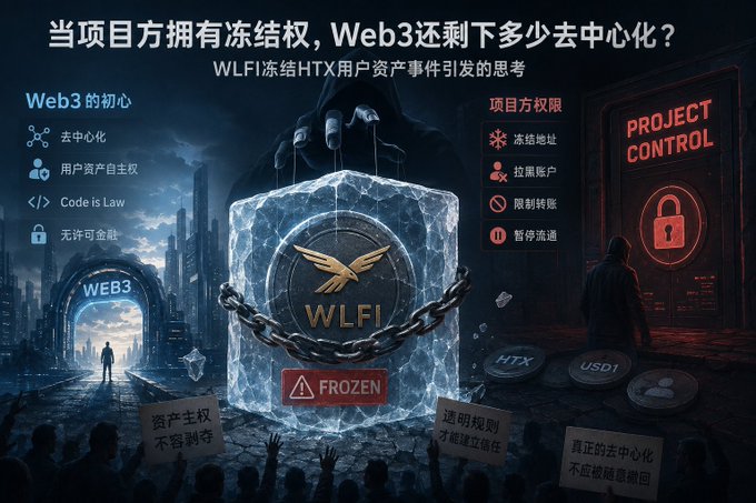 The image features a poster with a large block of ice, which has a bird perched on top. The poster also includes text written in Chinese that reads "WLFI冻结HTX用户资产事件：当项目方拥有冻结权，Web3还剩下多少去中心化？ 最近几天，WLFI冻结HTX相关地址中WLFI资产的事件", which is a reference to the Web3 project. The poster also includes a warning about viruses and a lock icon, suggesting that there might be security concerns related to the project.