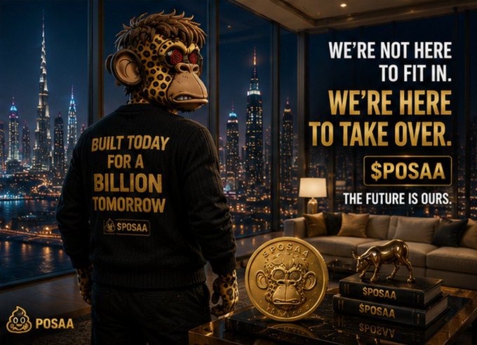Promotional graphic for the cryptocurrency POSAA featuring a monkey in a hoodie with 'BUILT TODAY FOR A BILLION TOMORROW', set against a Dubai skyline at night.