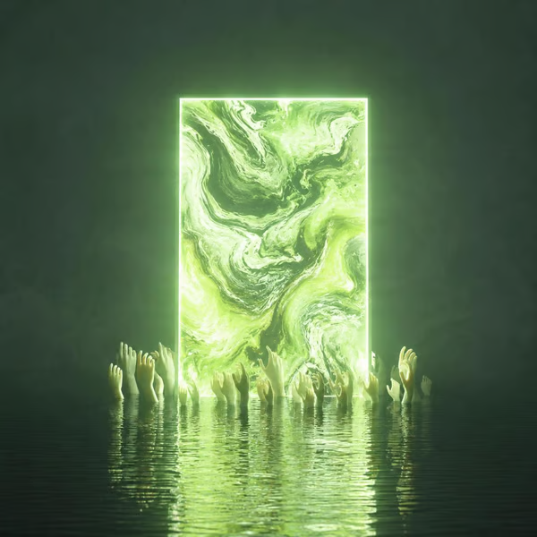 Surreal digital artwork showing a glowing green portal or doorway with marbled texture, surrounded by small white hand-like figures reaching upward from a reflective water surface.