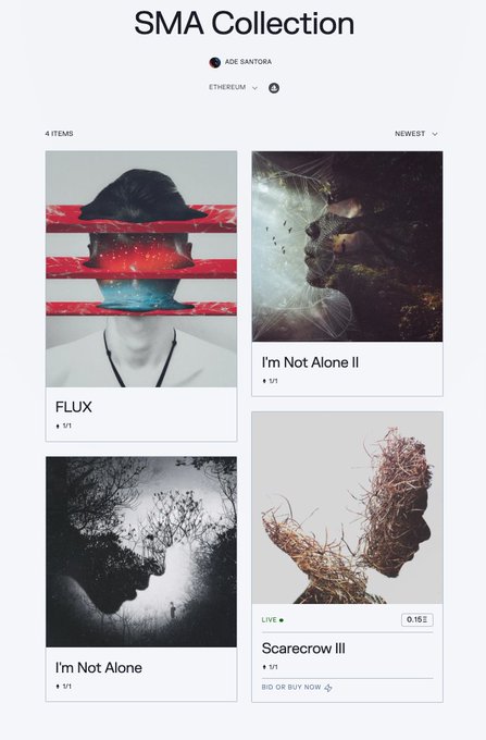 NFT gallery page titled "SMA Collection" by artist ADE SANTORA on Ethereum, displaying 4 items including "FLUX," "I'm Not Alone II," "I'm Not Alone," and "Scarecrow III" priced at 5/1 ETH each, with artistic portraits featuring red overlays and root-like textures.