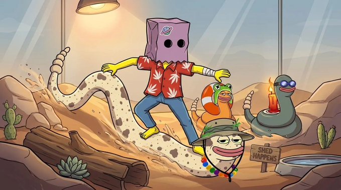 A cartoon character with a paper bag head wears a red Hawaiian shirt while standing in a desert scene surrounded by whimsical creatures, including a snake, a worm, a candle-headed figure, and a character in a safari hat, with a sign reading "SHED HAPPENS." The image playfully illustrates the Funkari x Slippy NFT collaboration, capturing the quirky, absurdist art style that defines both projects' upcoming mint launch.