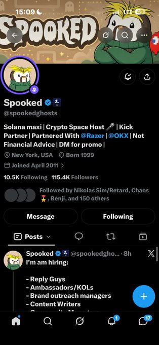 A Twitter profile screenshot for 'Spooked' (@spookedghosts) describing themselves as a 'Solana maxi | Crypto Space Host | Kick Partner' based in New York, USA, with 115.4K followers, showing a recent post about hiring reply guys, ambassadors, and content writers.