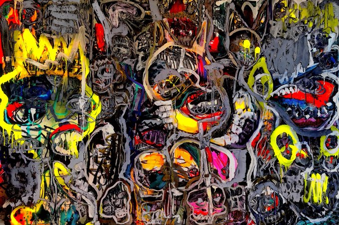 A chaotic, abstract painting in vivid colors—featuring bright yellows, reds, pinks, and dark grays swirled together in dense, graffiti-like forms—visually embodies the title "7H3 N0153 0F (MY) 1NN3R M0N0L06U35," with its frenetic energy and dripping, layered brushstrokes reflecting the unstoppable, loud inner dialogues described in the post.