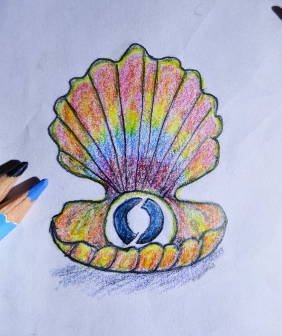 A colored pencil drawing of an open scallop shell with a blue and white circular logo inside, with colored pencils resting beside it on white paper.