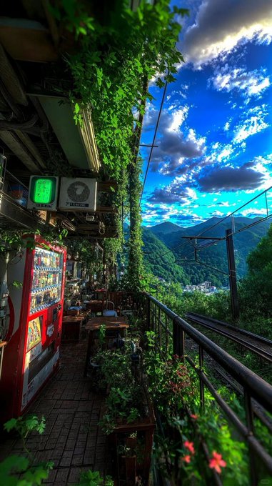 An abandoned train station platform overgrown with lush greenery, featuring a red vending machine and a sign reading "24 HOURS," overlooks a scenic mountain valley with a vibrant blue sky. The post's message "GN CT You will do great things in your life time" suggests a hopeful farewell, connecting the serene, untouched beauty of the landscape to aspirations for future success.