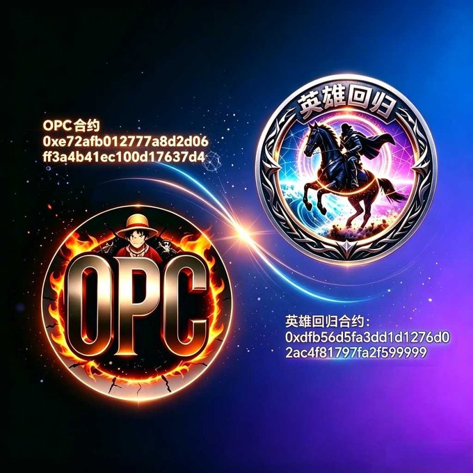 Promotional graphic featuring two circular logos: one displaying "OPC" with a fiery anime-style character, and another showing a knight on horseback labeled "英雄回归" (Hero's Return), both accompanied by contract addresses.