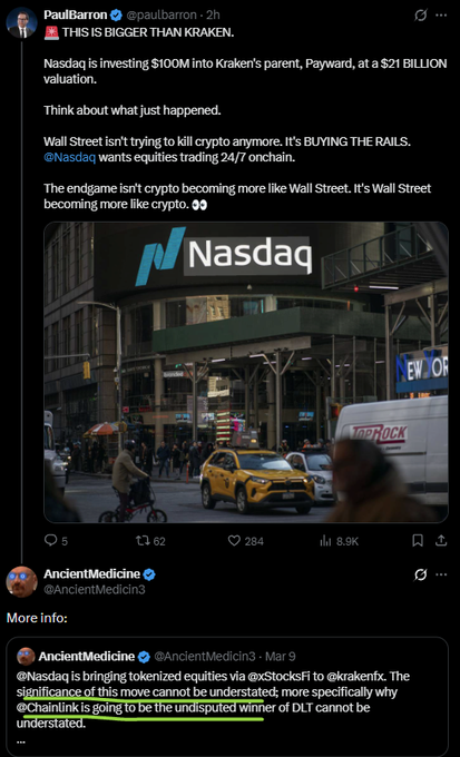 A tweet from PaulBarron (@paulbarron_) discussing Nasdaq investing $100M into Kraken's parent company Payward at a $21 billion valuation, with the caption 'THIS IS BIGGER THAN KRAKEN' and an image of the Nasdaq building in Times Square.