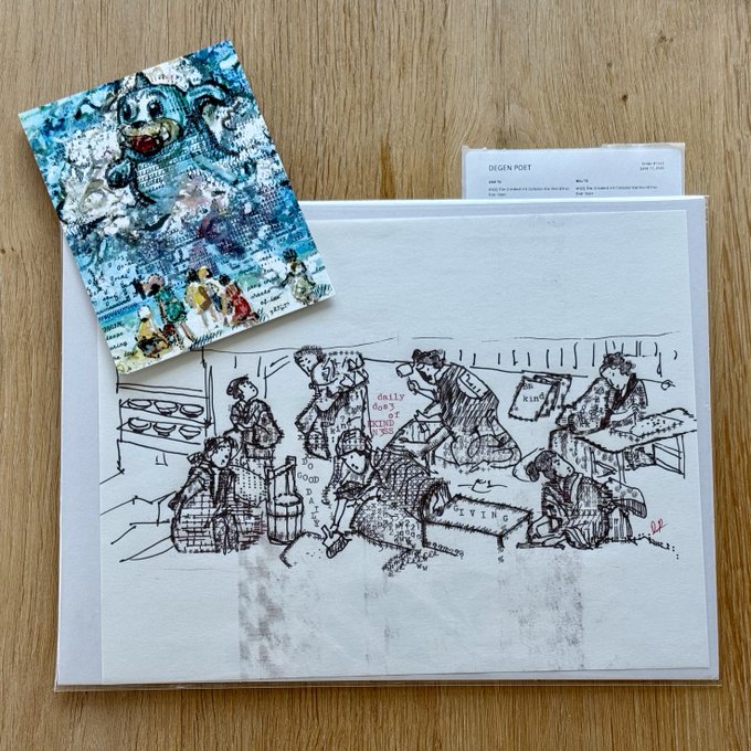 A mixed-media art piece showing a detailed fabric portrait of a child above a sketched drawing of people in a living room setting.