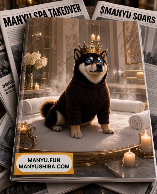 A magazine-style promotional image shows a crowned Shiba Inu wearing a brown sweater on a spa table, with headlines 'MANYU SPA TAKEOVER' and '$MANYU SOARS' plus a banner reading 'MANYU.FUN MANYUSHIBA.COM'.