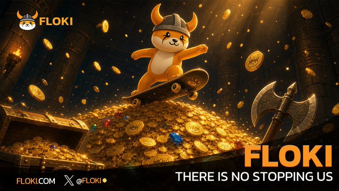 A promotional graphic for FLOKI cryptocurrency featuring a cartoon dog in a Viking helmet skateboarding over a pile of gold coins, with text 'FLOKI - THERE IS NO STOPPING US' and the FLOKI logo.