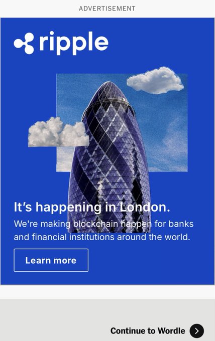 An advertisement for Ripple cryptocurrency featuring an image of London's Gherkin building, with text reading 'It's happening in London. We're making blockchain happen for banks and financial institutions around the world.'