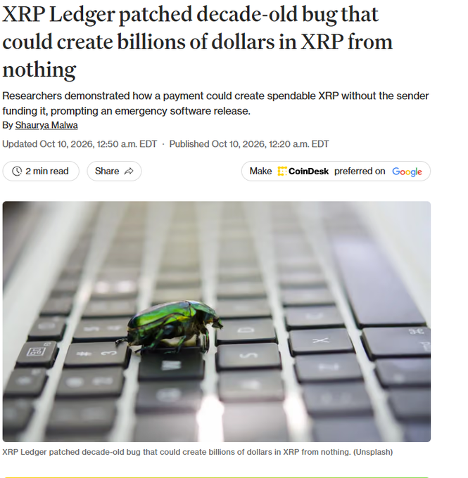 A CoinDesk news article titled 'XRP Ledger patched decade-old bug that could create billions of dollars in XRP from nothing' featuring an image of a jewel beetle on a keyboard.
