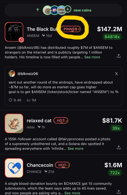 Screenshot of a crypto tracker showing 'The Black Bull' coin (ANSEM) pinned at $147.2M (64818x), with a tweet from @blknoiz06 about distributing ~$7M of $ANSEM to airdrop to 1 million holders.