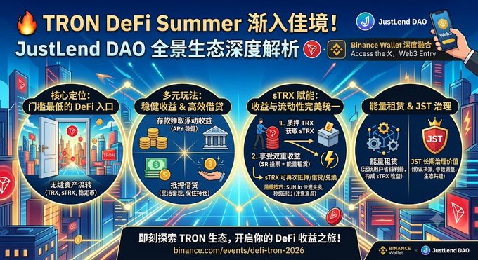 A promotional graphic for "TRON DeFi Summer" highlighting JustLend DAO's ecosystem in partnership with Binance Wallet, featuring four key pillars: core positioning as the lowest-threshold DeFi entry, stable deposits and efficient lending with flexible yields, sTRX staking with dual incentives (SR/SUN.io rewards), and energy leasing & JST governance. The visual showcases icons of coins, smartphones, and cityscapes with a call-to-action directing viewers to binance.com/events/defi-tron-2026.