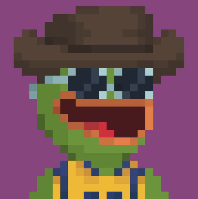 A pixel art illustration of a green-skinned zombie-like character wearing a brown wide-brimmed hat and a yellow 'H' shirt against a purple background.
