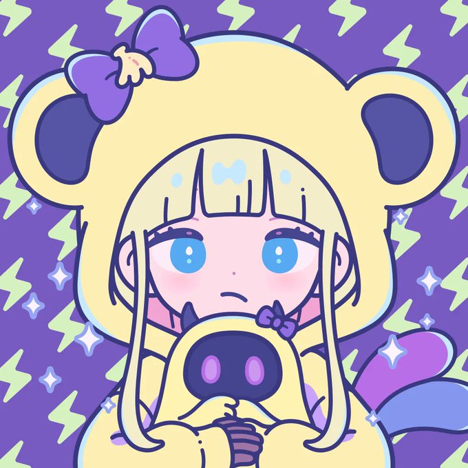 A chibi-style anime illustration of a blonde character with blue eyes and a purple bow, holding a small dark creature, set against a purple background with lightning bolt patterns and sparkles.