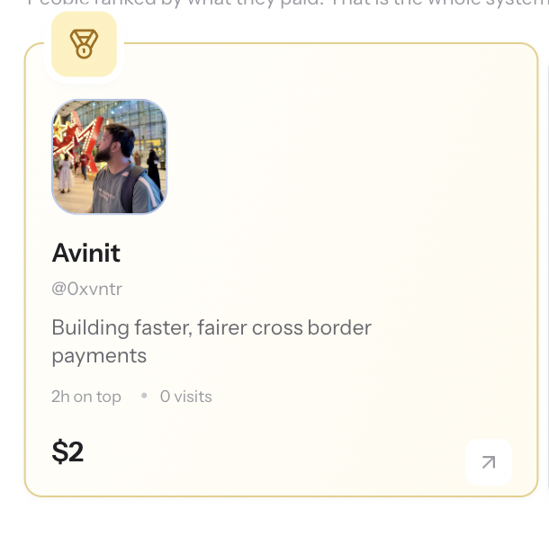 A profile card for 'Avinit' (@0xvnttr) describing them as 'Building faster, fairer cross border payments,' with a price of $2, and a photo of a person looking up at a star decoration.