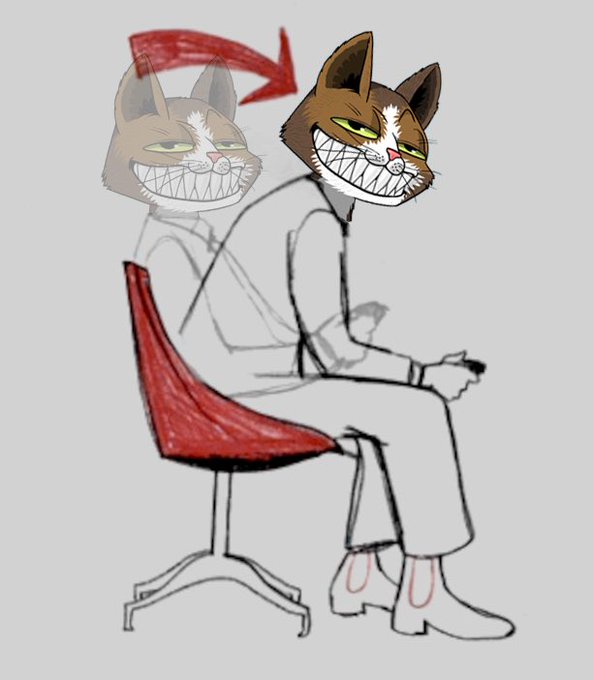 A digital illustration showing a character with an anthropomorphic grinning cat head, with a red arrow indicating the transformation from a human head.