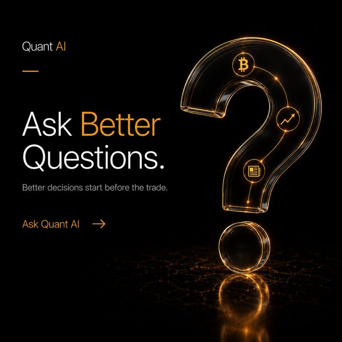 A dark advertisement for 'Quant AI' featuring a glowing question mark with Bitcoin and chart icons, reading 'Ask Better Questions. Better decisions start before the trade.'