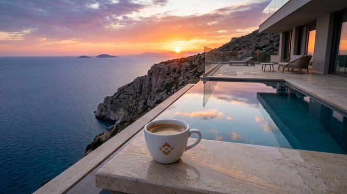 A coffee cup with a Binance logo sits on a ledge overlooking a stunning infinity pool and ocean sunset at a cliffside villa.