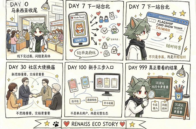 A six-panel illustrated comic titled 'RENAISS ECO STORY' documenting a journey from Day 0 (Malaysia) to Day 999, showing evolution from in-person meetups to community ambassador pick-up, onboarding flows, and ultimately building a more important community network.