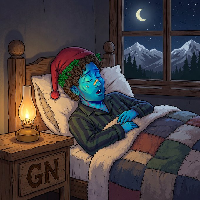 An illustration of a blue-skinned character wearing a Santa hat with holly, sleeping in a wooden bed with 'GN' carved on the nightstand drawer, beside a glowing oil lamp with a starry night and mountains visible through the window.