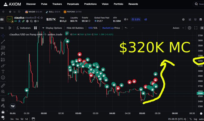 Axiom trading interface showing the claudus token with a $257K market cap and $320K MC target highlighted by a yellow arrow on the chart.