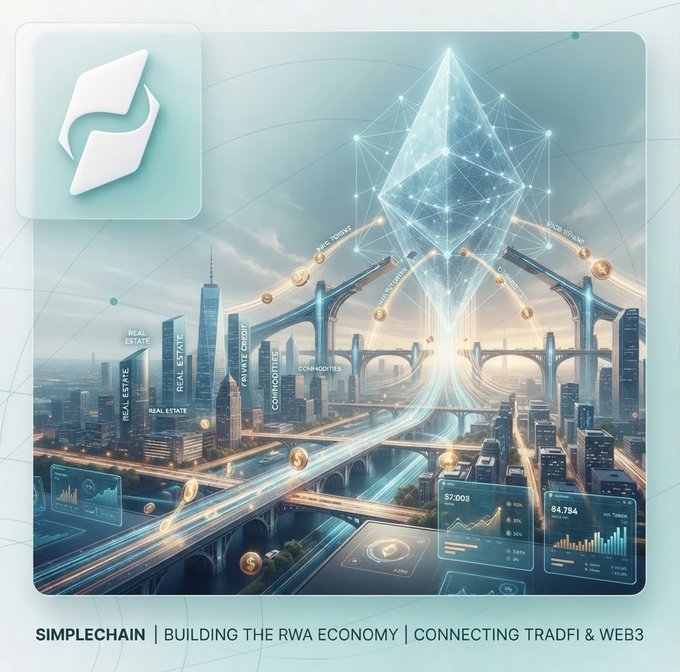 A promotional graphic for 'SIMPLECHAIN' displaying a futuristic cityscape with a glowing Ethereum logo hovering above bridges and highways, with text reading 'BUILDING THE RWA ECONOMY | CONNECTING TRADFI & WEB3'.