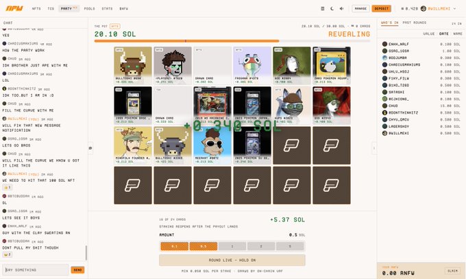A screenshot of a Pump Party online party website showing a chat on the left, a grid of NFT avatars in the middle with a timer at 20.10 SOL and pot at +0.3426 SOL, and a leaderboard of usernames with their SOL balances on the right.