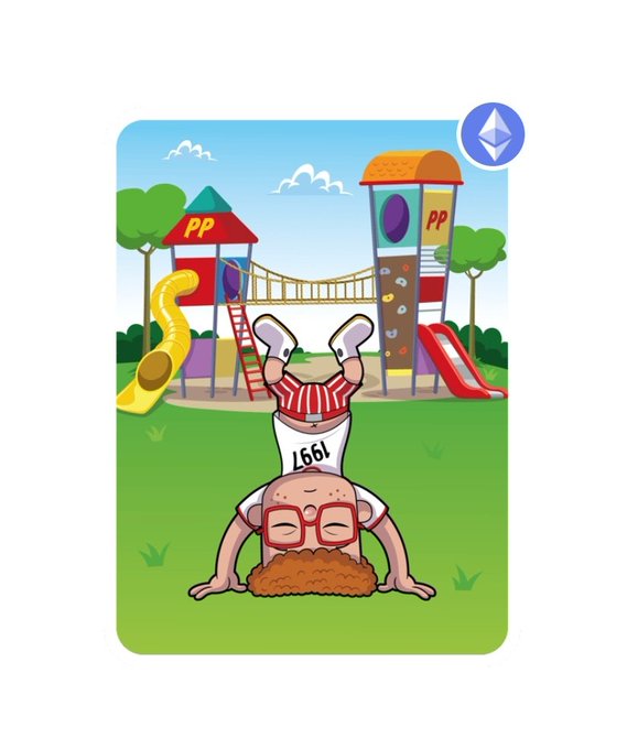 A cartoon NFT-style digital art card features a character doing a headstand labeled '1997' in a playground setting with 'PP' structures and an Ethereum logo.