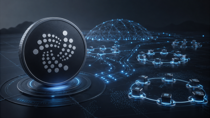 A dark, futuristic digital scene featuring a large coin with a dotted 'P' logo in the foreground, with a glowing blue network dome and interconnected nodes in the background.