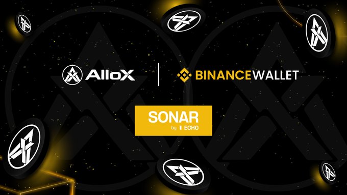 Promotional graphic announcing a partnership between Allox and Binance Wallet, featuring the 'SONAR by ECHO' product with floating coin icons against a dark background with geometric patterns.