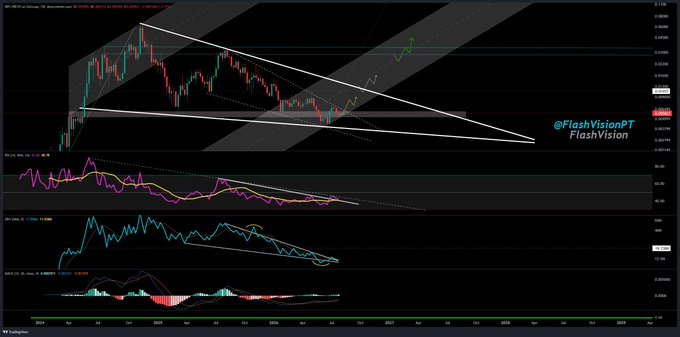 A financial chart on TradingView shows a descending triangle or wedge pattern with indicators RSI, MACD, and MFI, watermarked with '@FlashVisionFT FlashVision'.