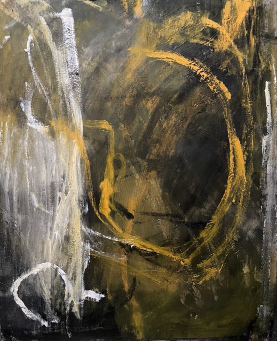 The image features a painting with a dark background, featuring yellow lines that create an abstract design. The painting has been done using oil paint, giving it a textured appearance. The artist's signature can be seen at the bottom right corner of the artwork.