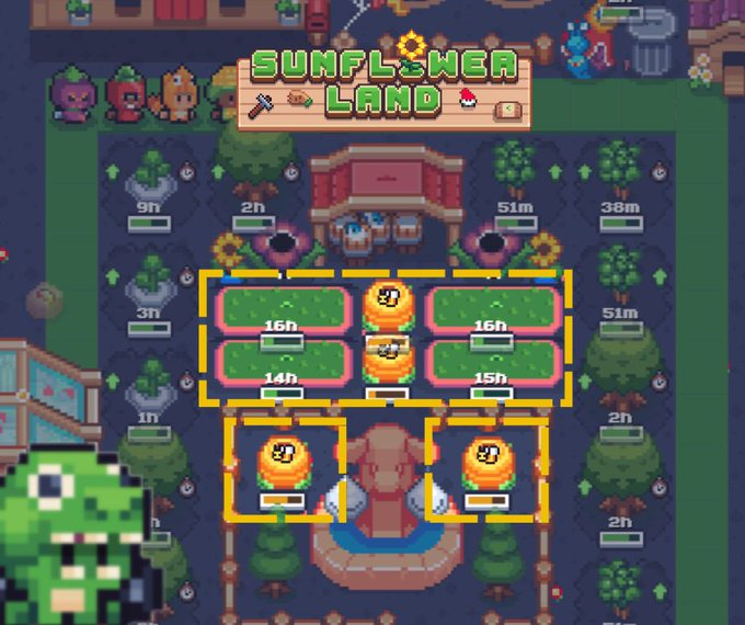 A game scene titled 'SUNFLOWER LAND' showing a character farm layout with plots displaying countdown timers like '16h', '14h', '15h', '51m', and '38m'.